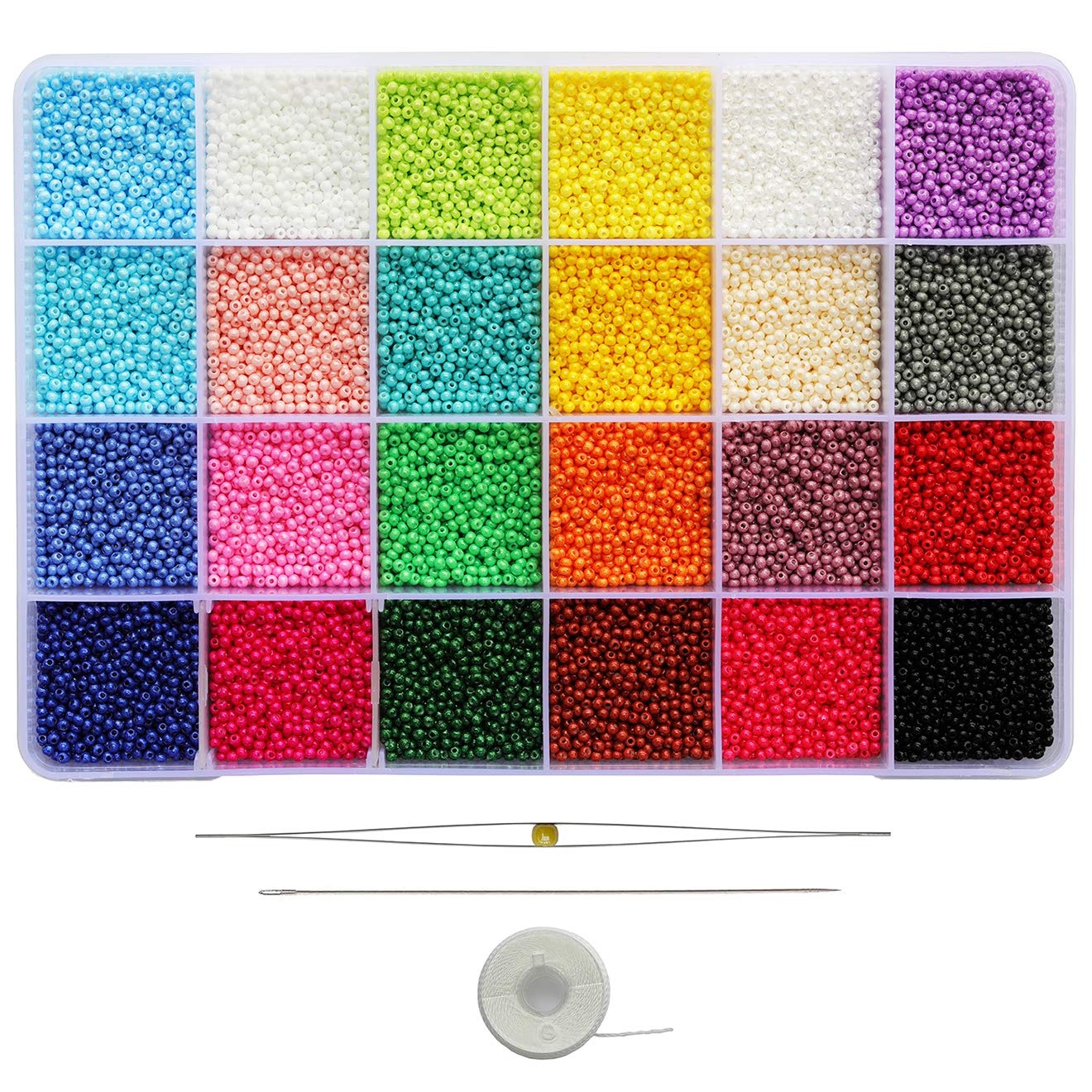 BALABEAD Size Almost Uniform 2mm Seed Beads About 21600pcs in Box, Pearled Color Seed Beads 24 Colors 12/0 Glass Craft Beads for Jewelry Making (900pcs/Color, 24Colors)