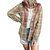 Ezcosplay Women Shacket Flannel Plaid Tops Long Sleeve Plaid Blouse Hood Button Down Casual Shirt Coat