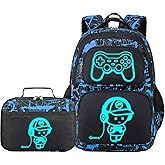 AUIVTY Boys Backpack with Lunch Box Glow in Dark Gamer Bookbag Kids Ages 4-12 Kindergarten Elementary Middle School Gaming Backpack, Luminous Game Boy Black Blue