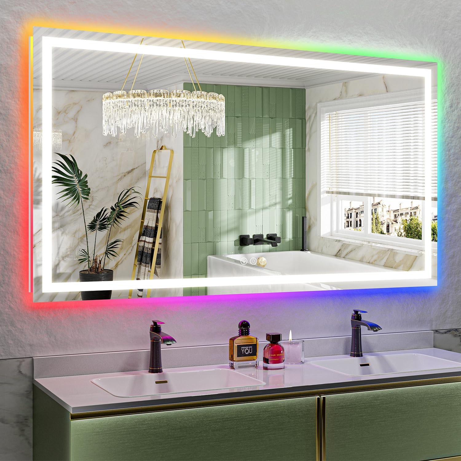 Photo 1 of YEELAIT 65x36 Inch RGB LED Bathroom Mirror Front Light and RGB Backlit Lighted Vanity Mirror for Bathroom Wall Mounted Dimmable Anti Fog Memory Shatter-Proof IP54 Waterproof Horizontal/Vertical