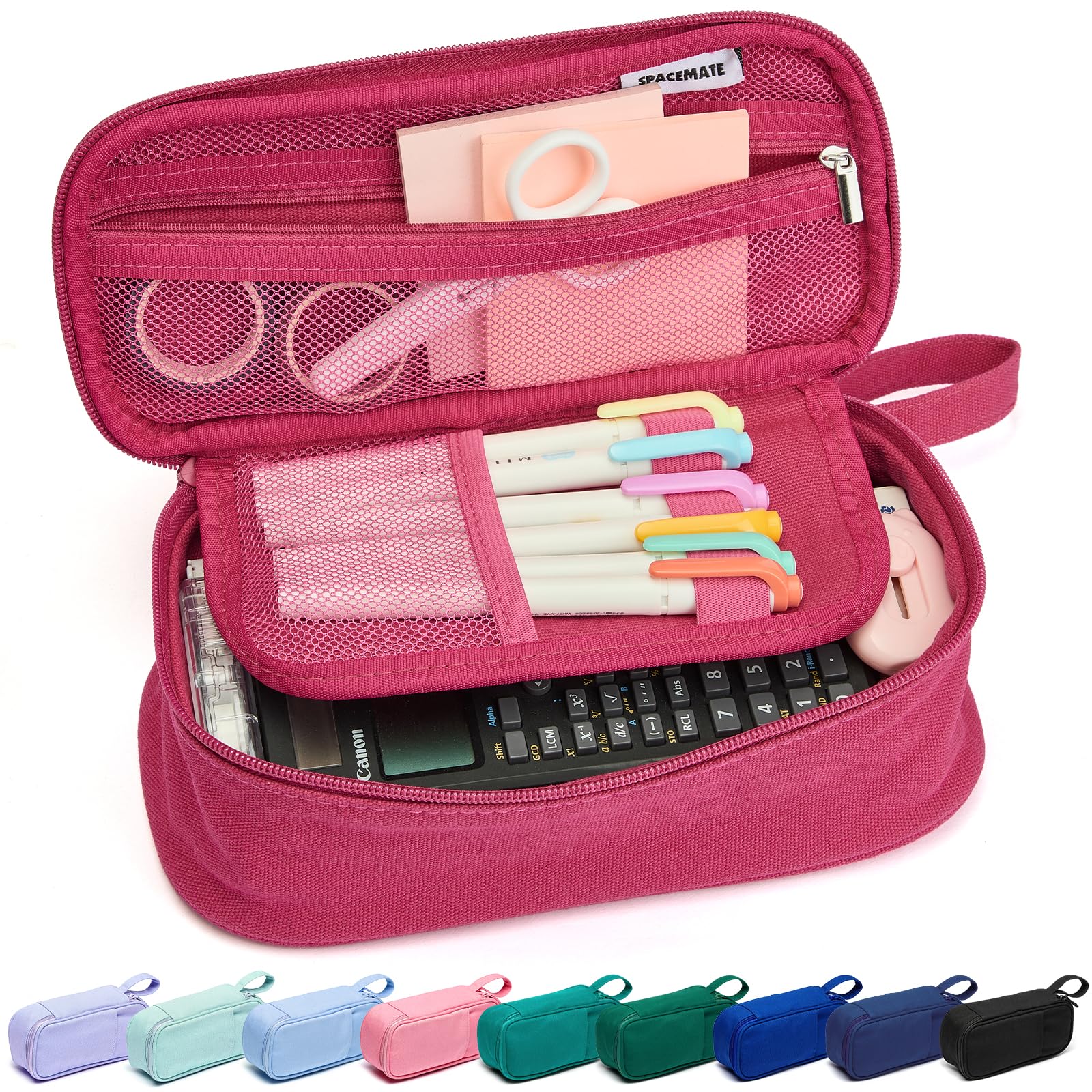 Photo 1 of SPACEMATE Pencil Case Pouch Box Bag School Supplies Girls Boys Kids, Cute Preppy Stuff Large Big Capacity Aesthetic Pen Organizer, Back to College Stationary, Dark Pink, Heavy Duty Canvas, 1800ml