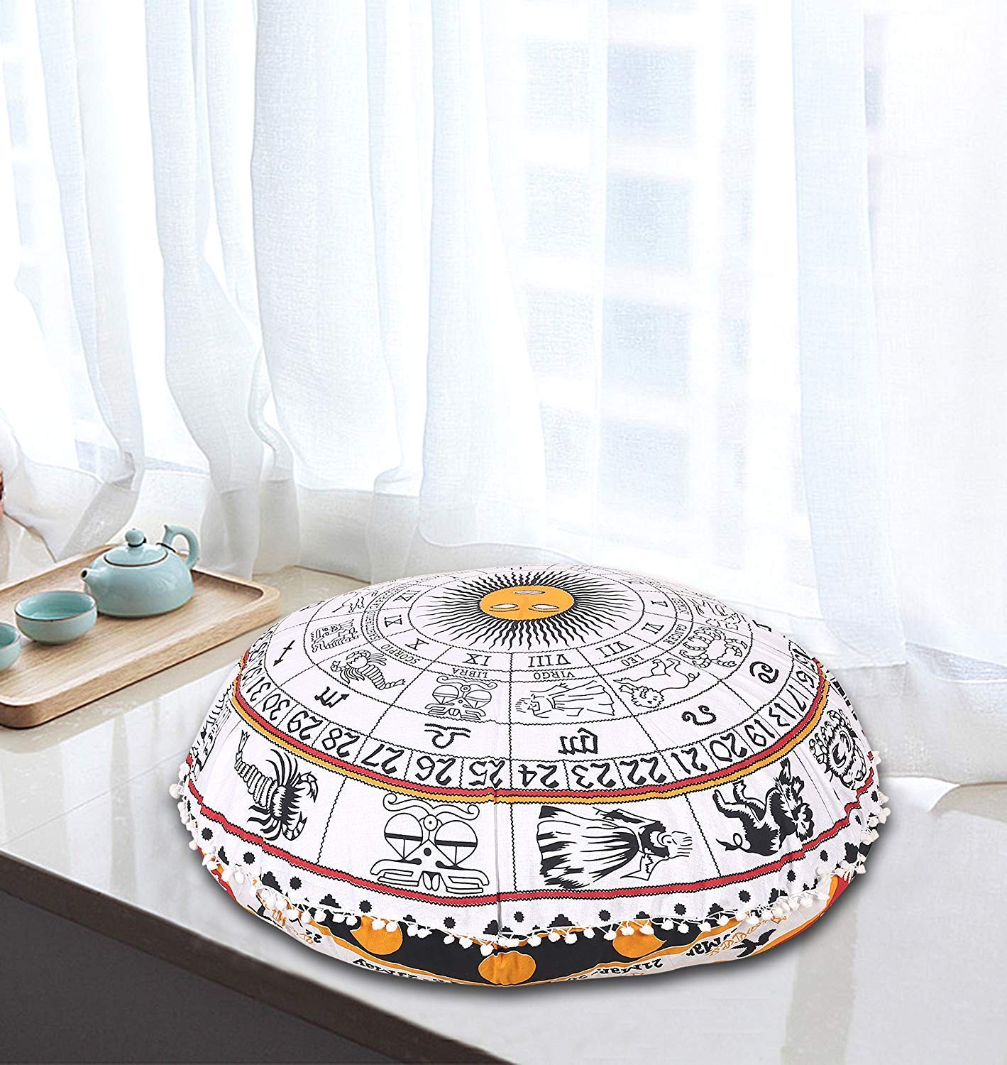 Radhykrishnafashions Indian 32" Large Hippie Mandala Floor Pillow Cover Cushion Cover Round Bohemian Yoga Decor Floor Cushion Case (WHITE RASHI) โ image 1