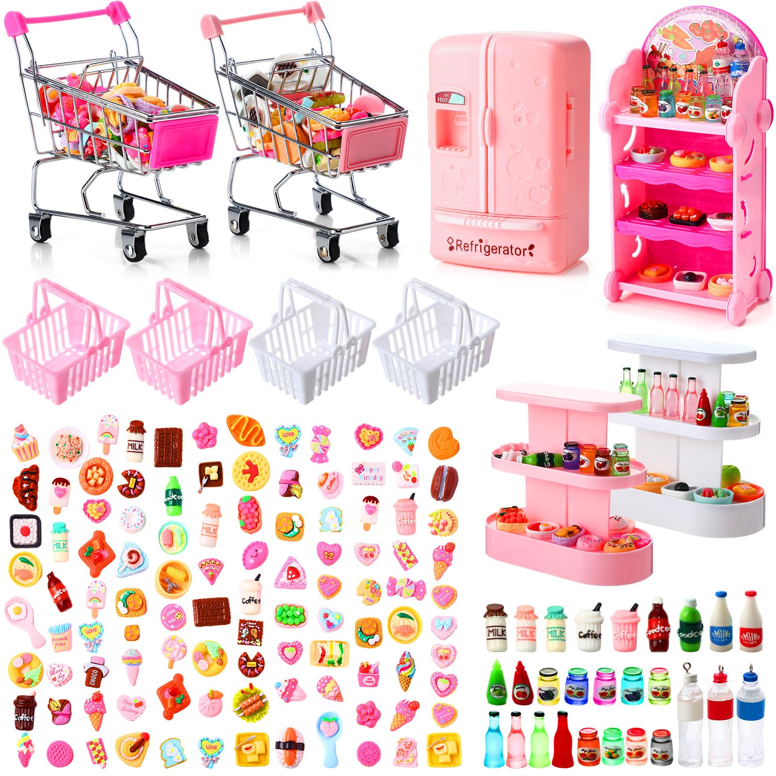 Photo 1 of Rotatingpals 158 Pcs Mini Shopping Cart Basket Miniature Food Drink Bottle Mini Supermarket Trolleys Doll House Accessories Cosplay Game for Party Accessory(Pink,Classic Style)