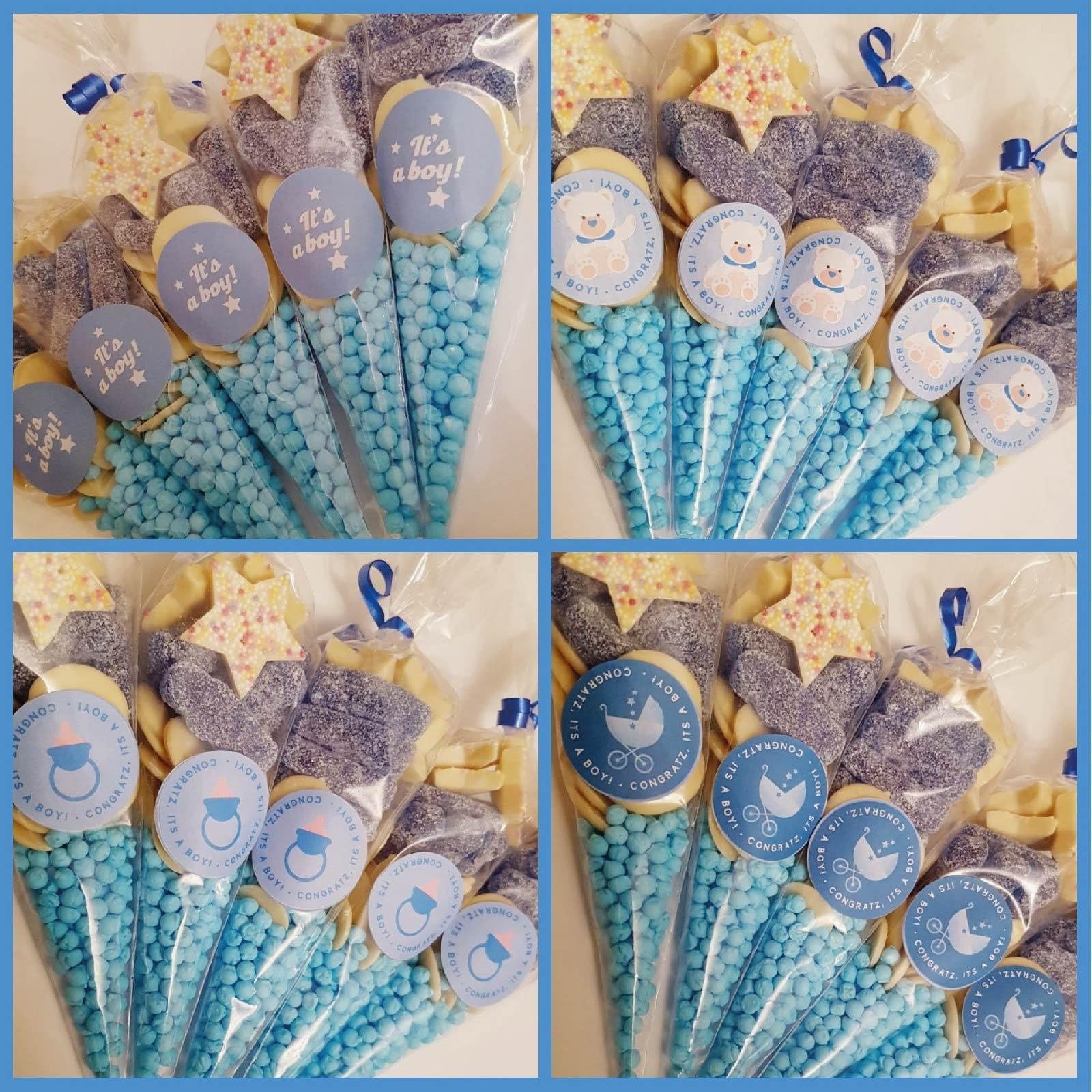 15 X Personalised Blue Baby Boy Shower Favours Filled Sweet Cones / Party Bags