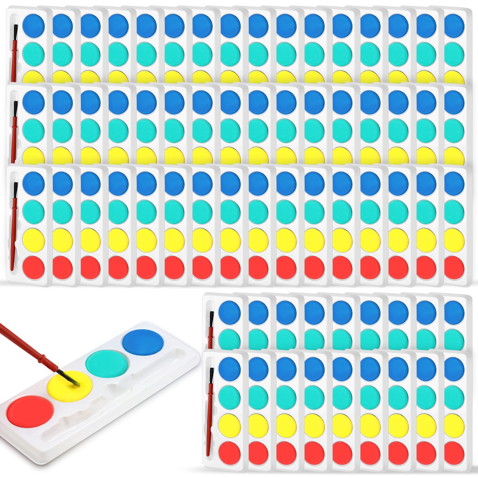 Photo 1 of Motipuns 100 Pack Watercolor Paint Sets Mini Watercolor Bulk with Brushes 4 Colors Washable Paint Set Palette for Boys Girls Arts and Crsfts Classroom School Party Favors, 4.33 x 1.77 Inch