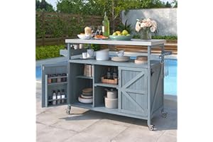 MEETFAV 50.25" W Grill Cart with Stainless Steel Tabletop - Outdoor Storage Cabinet for BBQ, Bar Patio Kitchen Island with Ample Storage and Lockable Wheels