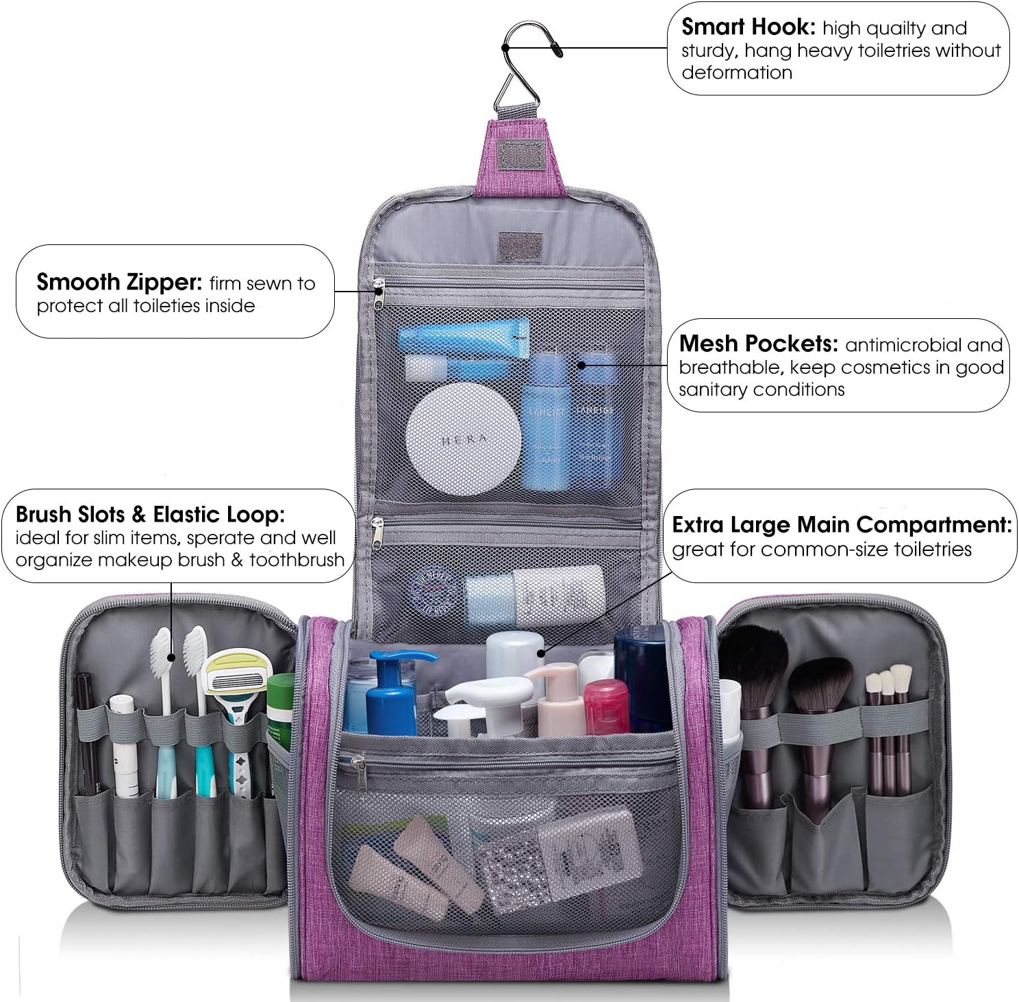 Large Hanging Toiletry Wash Bag Travel Makeup Cosmetic Organizer for Men Women by WANDF (Denim Purple), XL - Image 3
