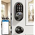 Veise Smart Locks for Front Door, 2 Knob Handle Set, Fingerprint Keyless Entry, App Control Biometric Door Lock, Electronic Digital Touchscreen Keypad Deadbolt, Easy Install, Auto Lock, Matte Black