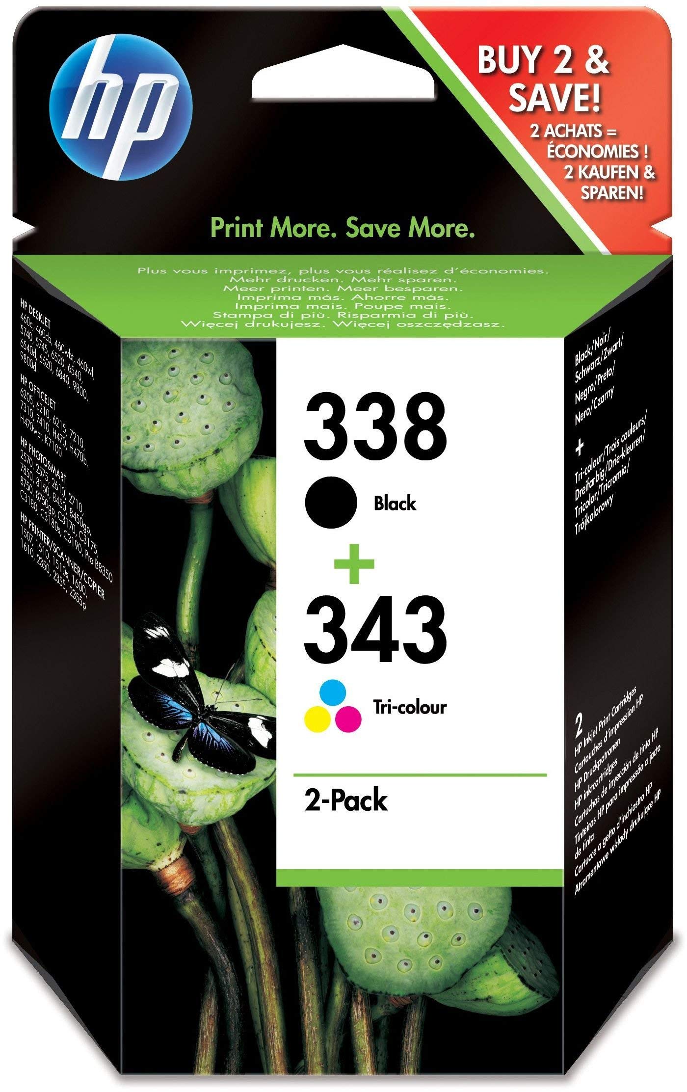 HP SD449EE 338/343 Original Ink Cartridges, Black and Tri-Colour, Multipack