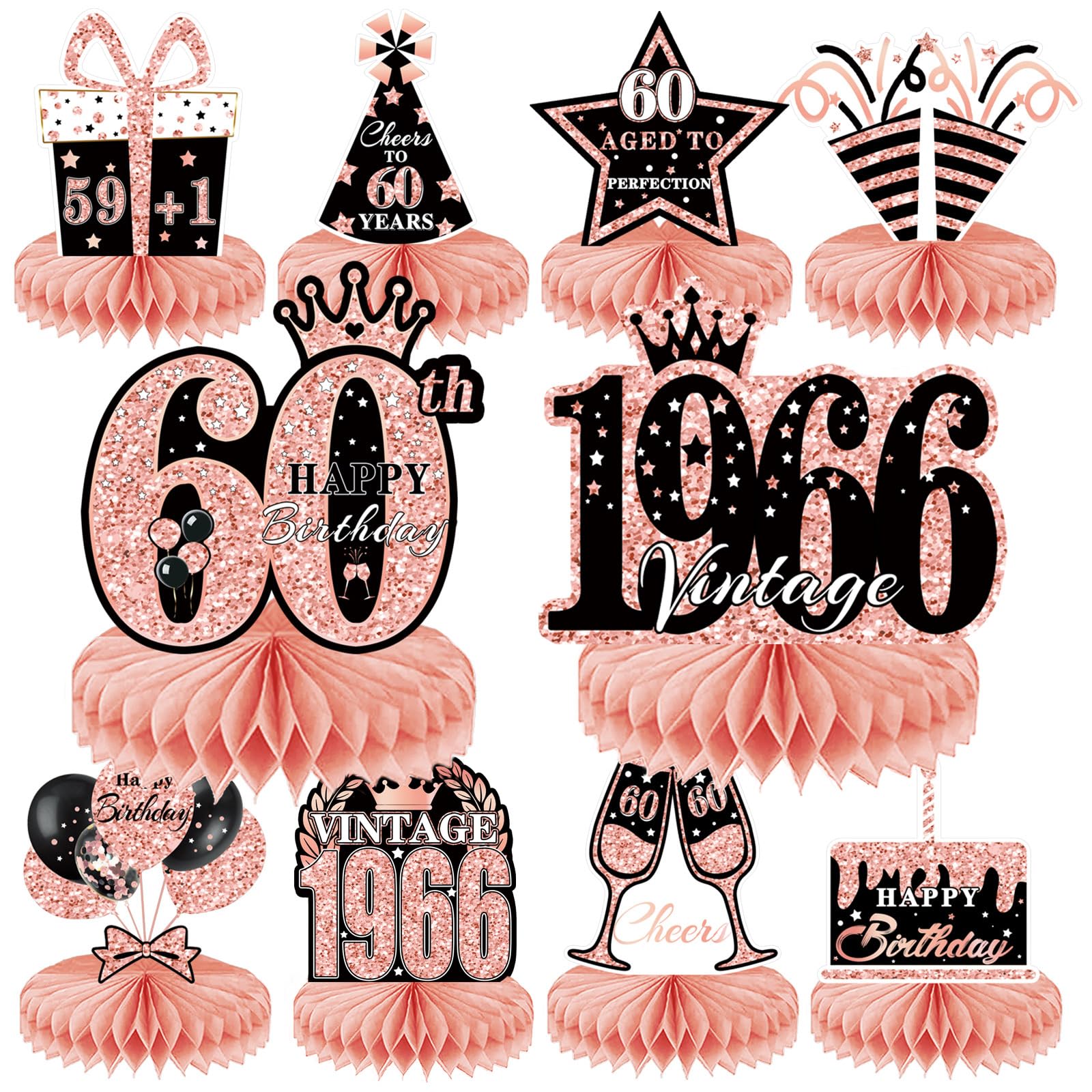 DTOFOOT 10Pcs 60th Birthday Decorations Honeycomb Centerpieces for Women, Rose Gold Happy 60th Birthday Table Centerpieces 60th Birthday Decorations for Women 1964 Birthday Tables Party Decorations