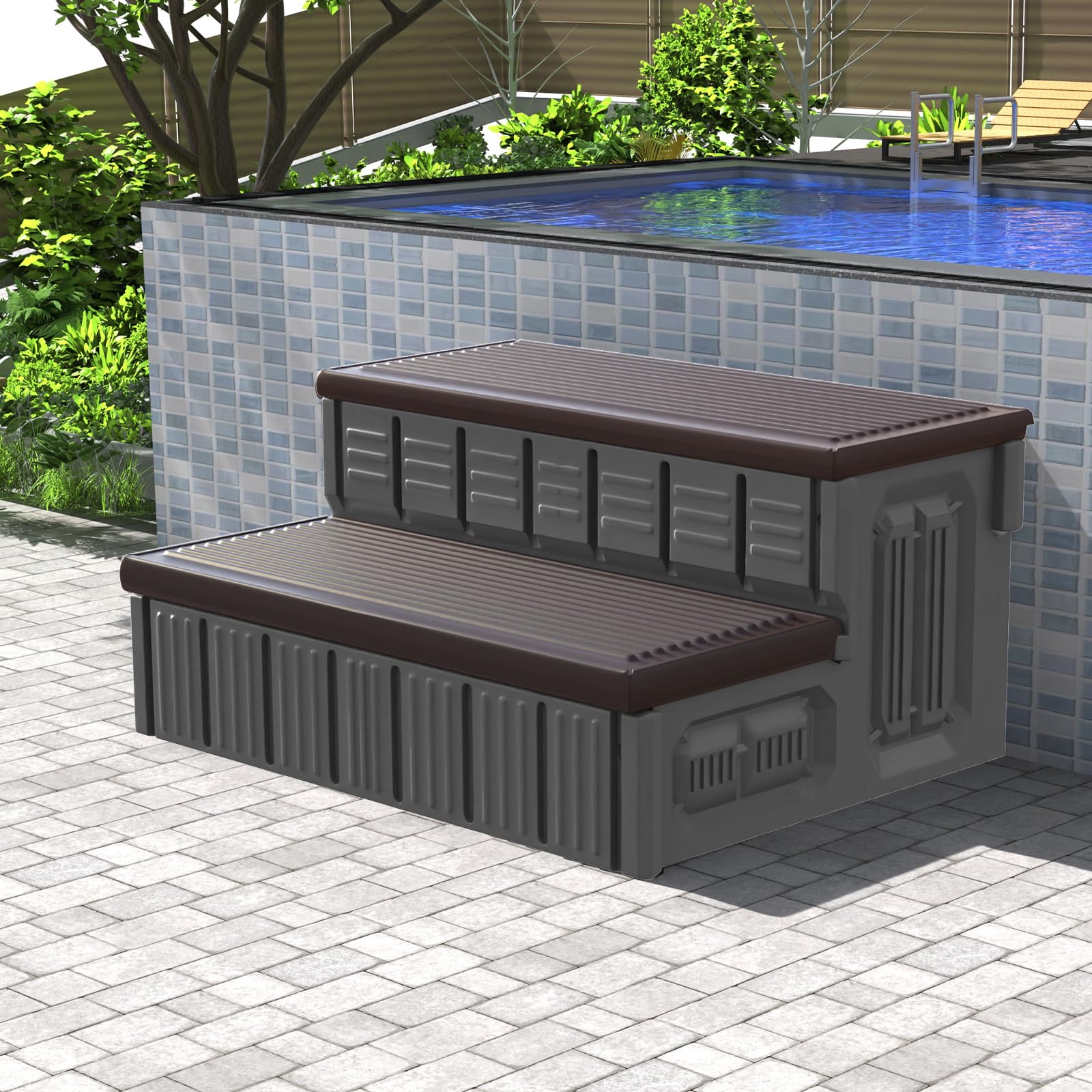 Photo 1 of (PARTIAL SET) (SIGNS OF USE) Hot Tub Steps, Outdoor Spa Steps with Storage, Non-Slip & Sturdy Hot Tub Stairs, 36 Inches Long, Coffee/Grey