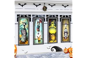 TIVEE 4 Packs Jack Sally Banners Porch Signs Halloween Decor Christmas Nightmare Hanging Vintage Banner Halloween Decorations Outdoor Horror Poster for Indoor Stretching Portraits Before Party Banner Wall Art Wallpaper