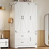 LIKIMIO Armoire Wardrobe Closet 71" H, Bedroom Wooden Wardrobe with 4 Doors and 2 Drawers, Farmhouse Clothing Storage Cabinet Combination with Hanging Rod, Shelves, and Hooks, White