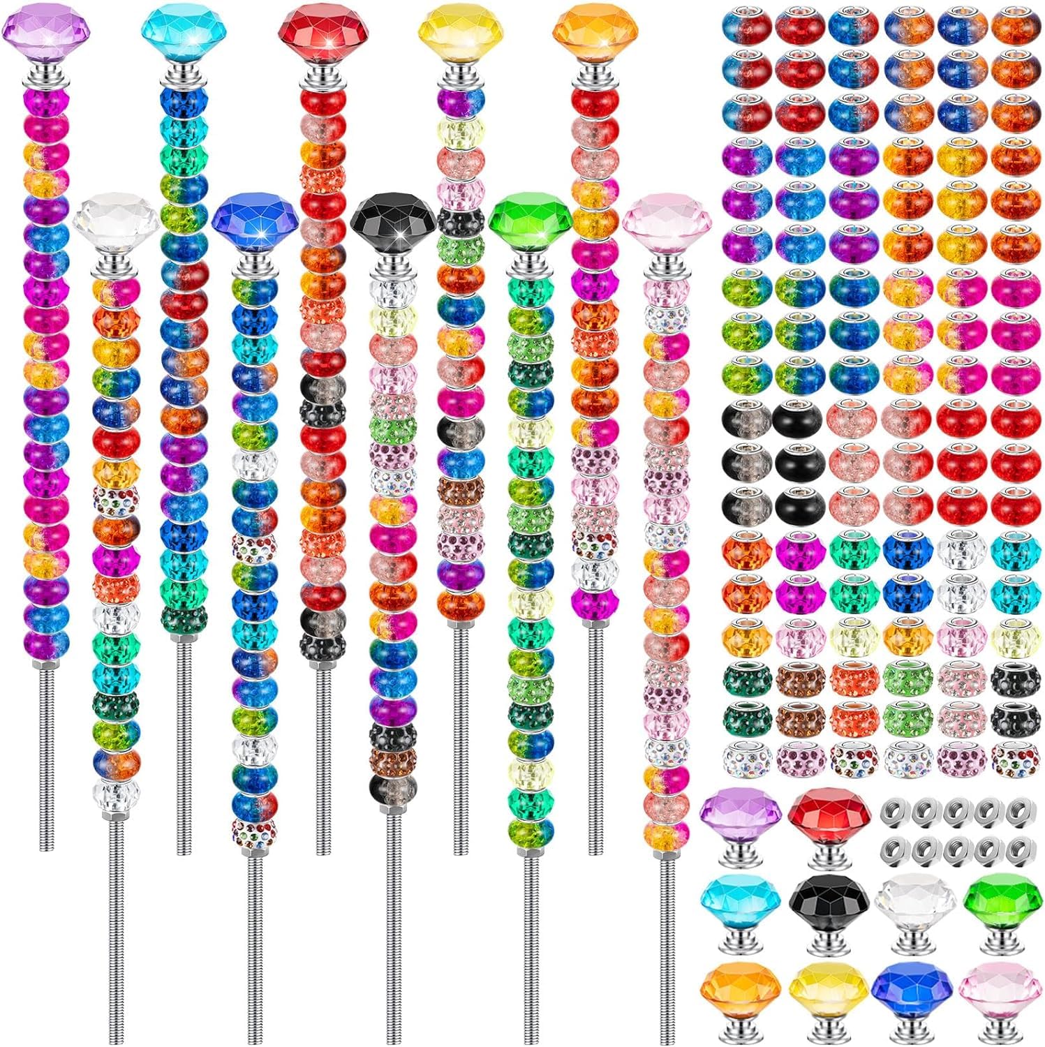 230PCS Beaded Garden Stakes DIY Fairy Land Garden Stake Beads Kits with 200 Colorful Assortment Round Large Hole Beads with 10 Crystal Stopper Top, Threaded Rod and Nuts for Outdoor Decoration