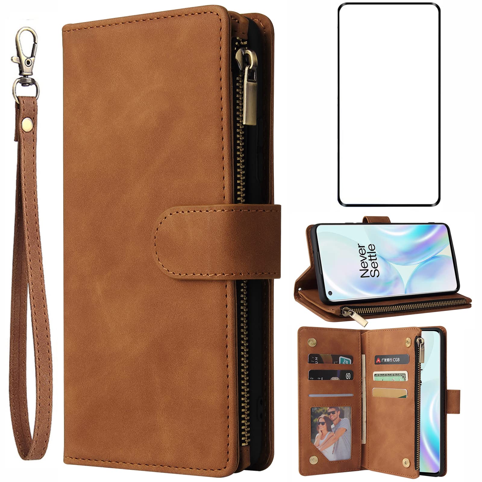 Asuwish Compatible with OnePlus 8 Pro One Plus 8Pro 5G Wallet Case Tempered Glass Screen Protector and Leather Flip Cover Card Holder Stand Cell Phone Cases for On 1Plus 1 + Plus8 1+ Women Men Brown — image 1
