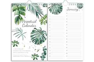 BOWCUK Perpetual Calendar – Undated Calendar 12-Month for Birthday, Anniversaries, Important Days, Festivals Reminder, 6’’ x 10’’ with 2 Lines Per Days, Twin-wire Binding, Thicker Paper, Tropical Green Leaf