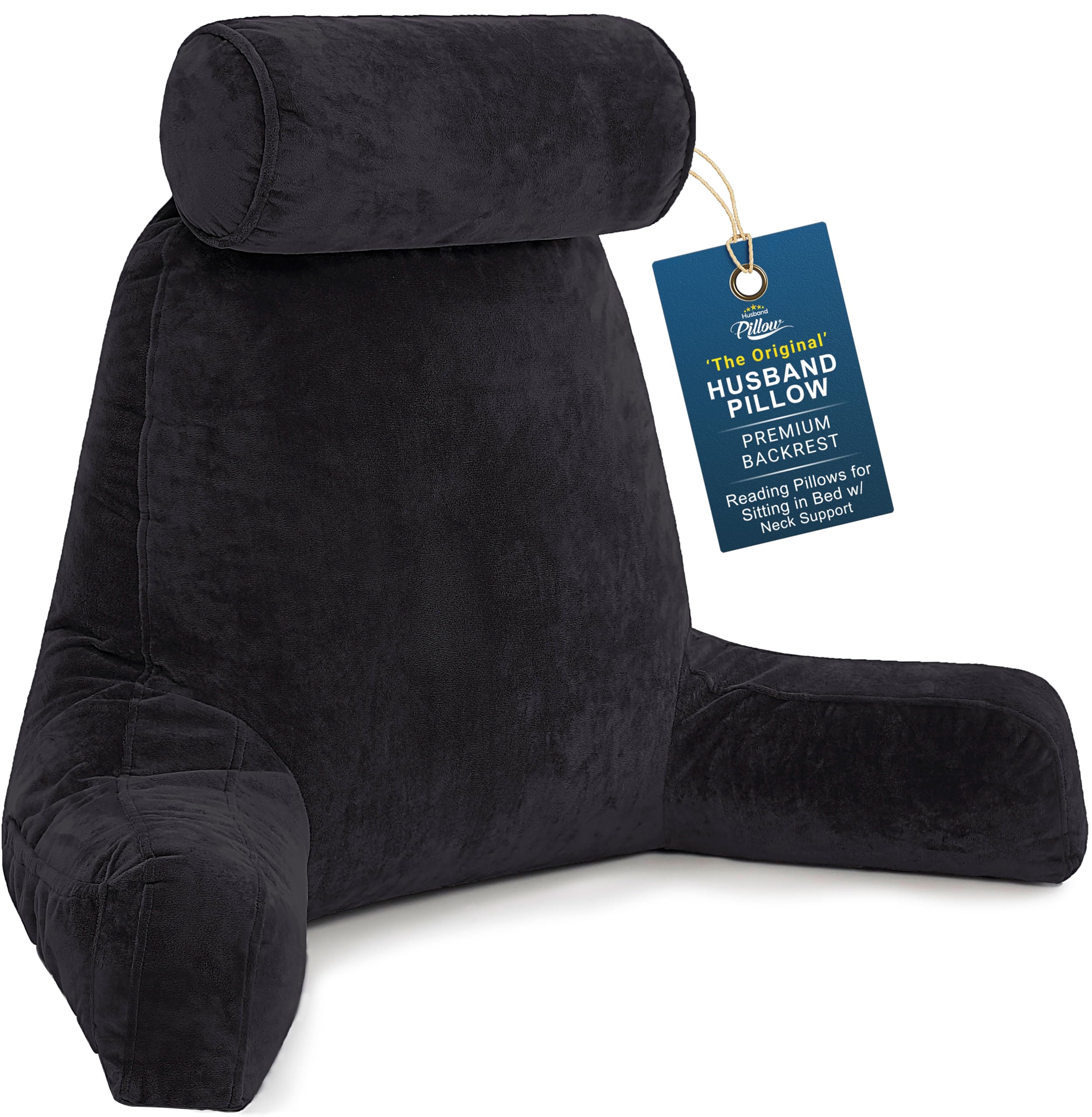 Husband Pillow XXL Black Backrest with Arms - Adult Reading Pillow with Shredded Memory Foam, Ultra-Comfy Removable Microplush Cover & Detachable Neck Roll - Unmatched Support Bed Rest Sit Up Pillow