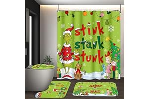 FCBZDQ 4Pcs Merry Christmas Shower Curtain Sets with Non-Slip Rugs, Toilet Lid Cover and Bath Mat, Xmas Winter Holiday Bathroom Decor with 12 Hooks 72 x 72 Inch