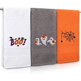 Ovveroche 3 Pcs Halloween Kitchen Towels Funny Hand Towels for Bathroom | 13.77inx 29.52 Inch, 100% Cotton, Soft Absorbent, Halloween Embroidery, Boo Ghost Pumpkin Bat Motifs