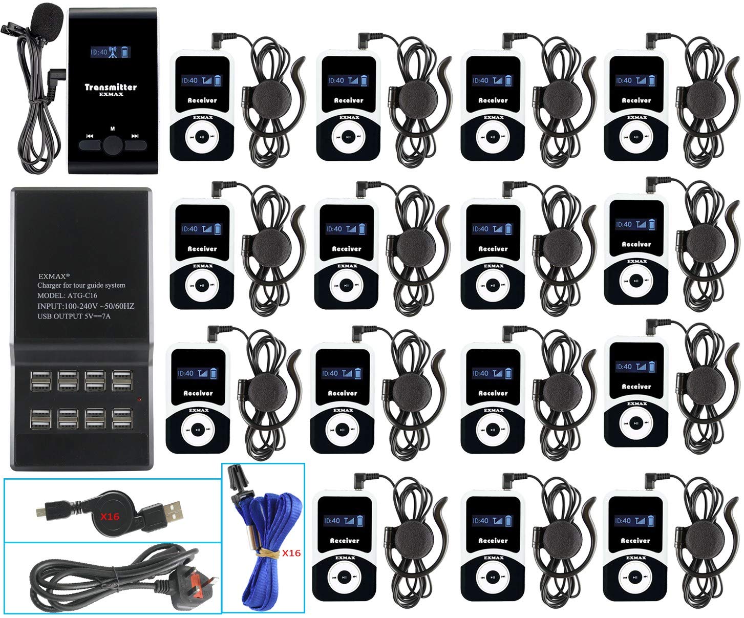EXMAX® ATG-100T 195MHz Wireless Tour Guide System Simultaneous Translation Interpreting Equipment for Church Translator in Your Ear Translation Devices 1 Transmitter 15 Receivers + Charge Station