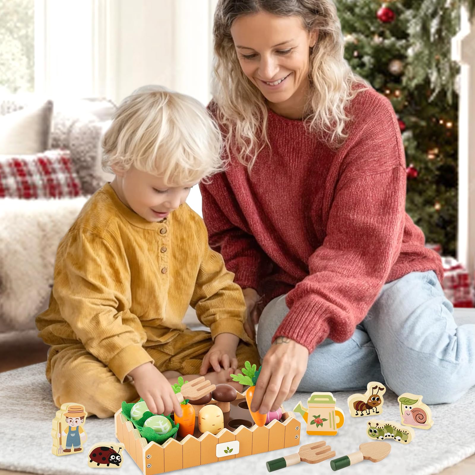 HERSITY Lebensmittel Spielzeug Holz, Karotten Steckspiel Kinder Bauernhof Spielzeug, Garten Spiele Holzspielzeug ab 3 Jahr, Lernspielzeug Geschenk für Mädchen Jungen 3 4 5 Jahren (Braun) 6