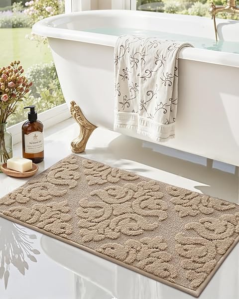 DEXI BATHROOM RUG 24X36, NON SLIP WASHABLE BATH MAT FOR SHOWER FLOOR, ABSORBENT SOFT BATHMAT WITH RUBBER BACKING, PLUSH FLUFFY MICROFIBER FLORAL RETRO CARPET, BEIGE