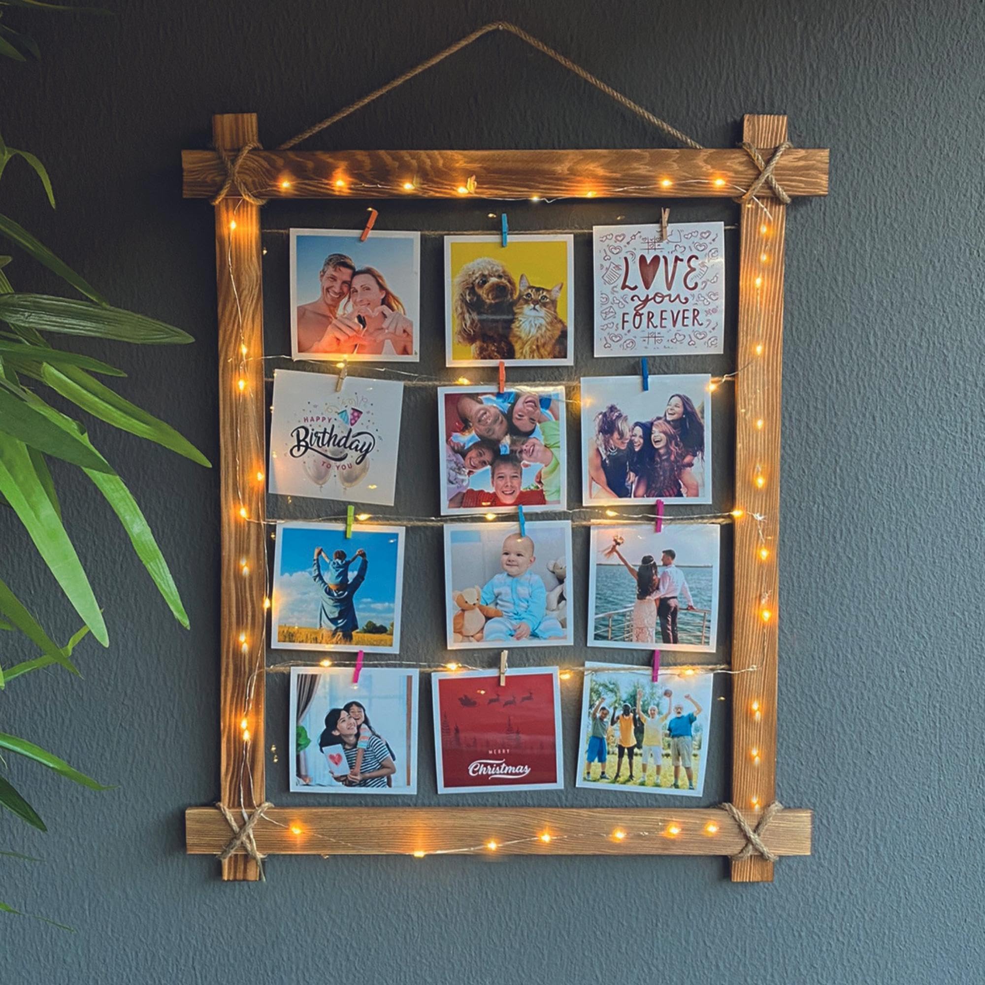 Photo Frame Multiple Pictures - Wall Hanging Natural Wood Picture Frame with String Lights & Pegs - Multi Photo Frame, Personalized Collage Picture Frame for Decoration (50x60 cm)