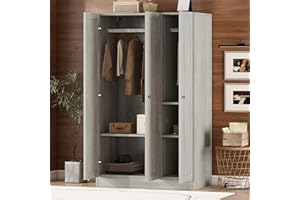 LZ LEISURE ZONE Modern Wardrobe Closet with 3 Shutter Doors, Armoire Wardrobe Closet with Hanging Rod, Freestanding Closet Organizer with Shelves, Bedroom Armoires, Gray