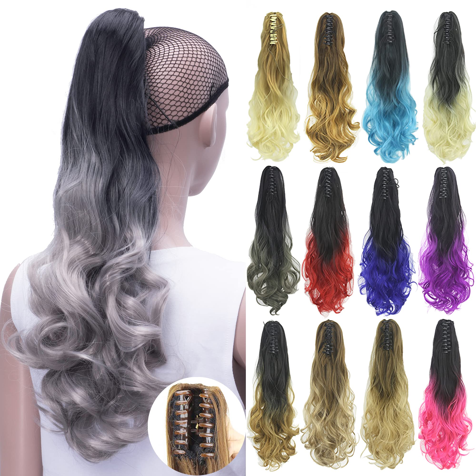 IMISSU Curly Ombre Color Claw Ponytail Hair Extensions Pony Tail Clip in Hairpiece (Ombre Grey)