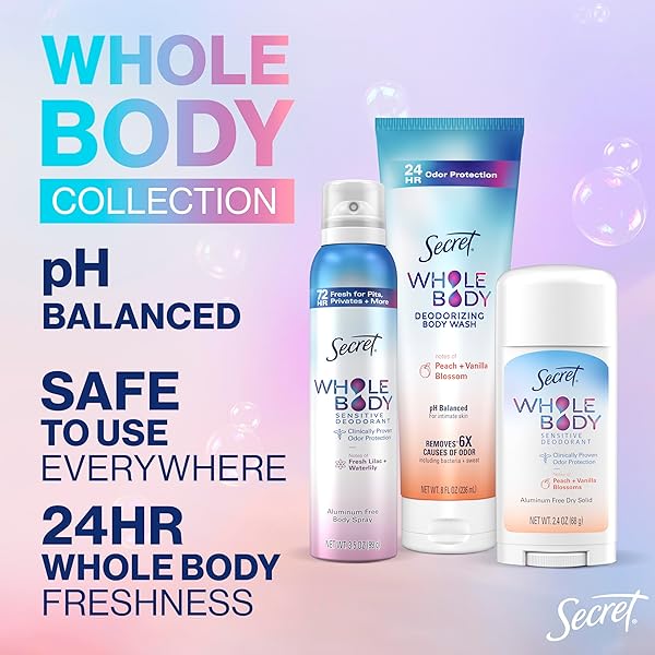 SECRET WHOLE BODY DEODORANT STICK FOR WOMEN, LILAC & WATERLILY SCENT, ALUMINUM FREE DEODORANT STICK, 72 HR ODOR PROTECTION, 2.4 OZ