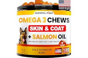 GRATEFUL PAWZ Omega 3 for Dogs - Fish Oil for Dogs Chews - Allergy and Itch Relief - Anti Shedding Supplement - Joint Health Treatment - Dry Itchy Skin and Coat Supplement - Salmon Oil - EPA & DHA - Made in USA