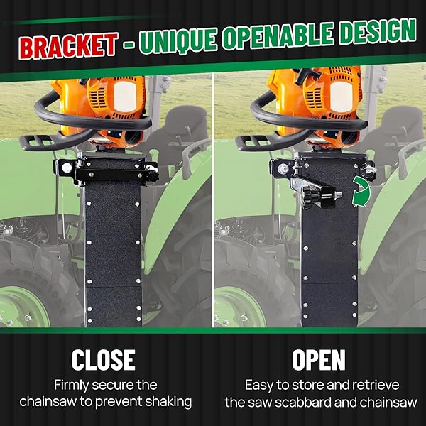 LOOKFOX HEAVY-DUTY CHAINSAW HOLDER FOR TRACTOR, FITS ALL CHAINSAW SIZES, 13LB-SIDE OPEN DOOR BRACKET+SAW SCABBARD, PORTABLE&STURDY&ANTI-SHAKE, UNIVERSAL CHAINSAW MOUNT CARRIER KIT FOR ATVS/UTVS/TRUCKS