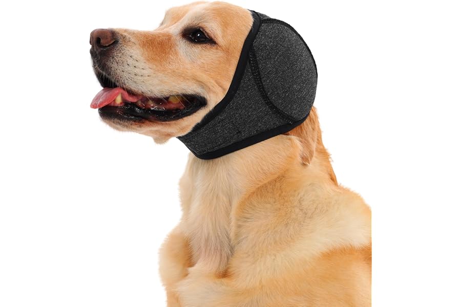 Meifsou Dog Head Wrap - Quiet Ears for Anxiety, Waterproof Dog Calming Hood, No Shake Ear Cover Snoods for Thunder, Lightning, Fireworks, Grooming, Polyester and SBR Diving Fabric, Dark Grey, Large