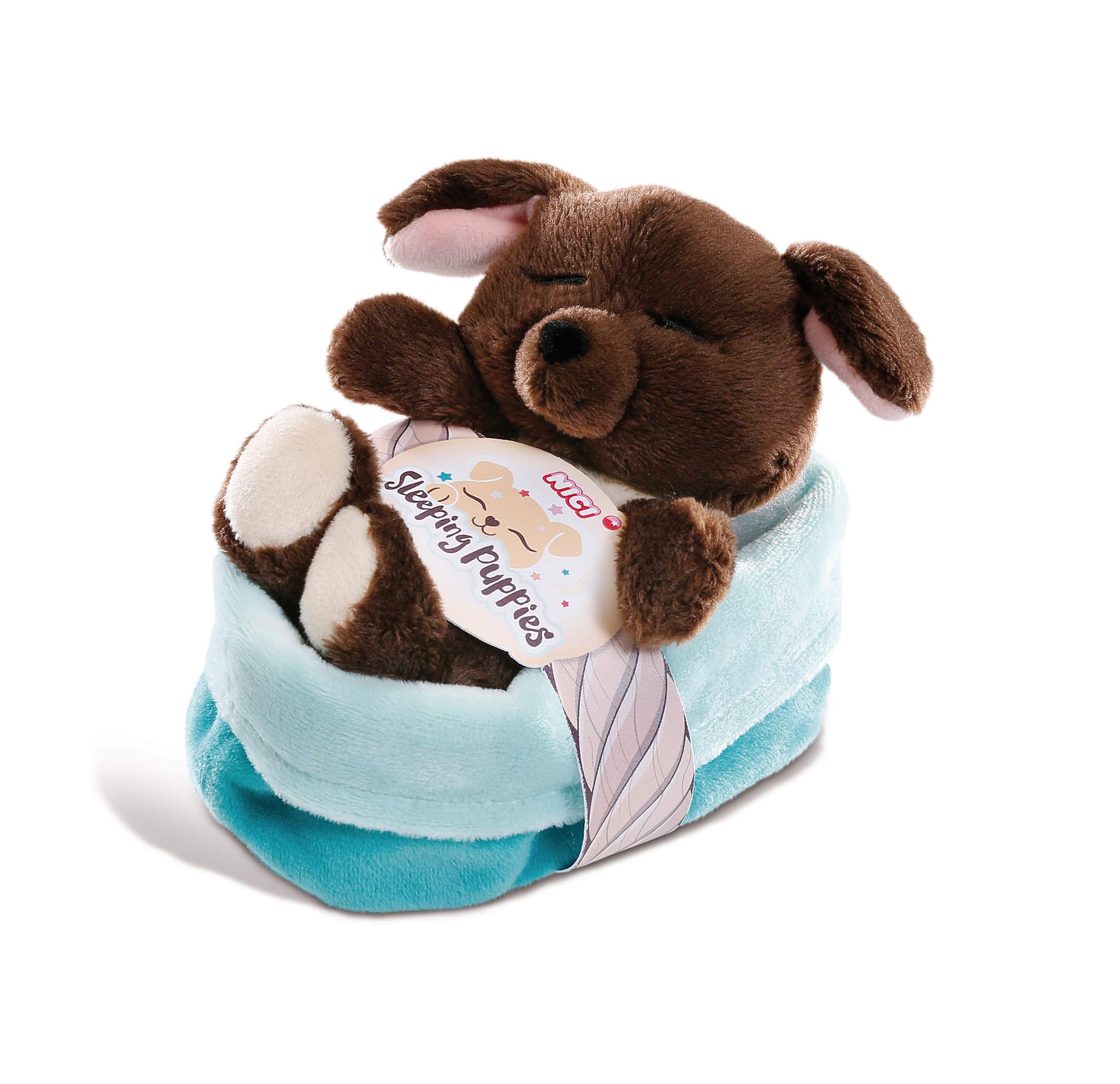NICI Cuddy Soft Toy Sleeping Puppies dog 12cm, brown, in blue-green basket