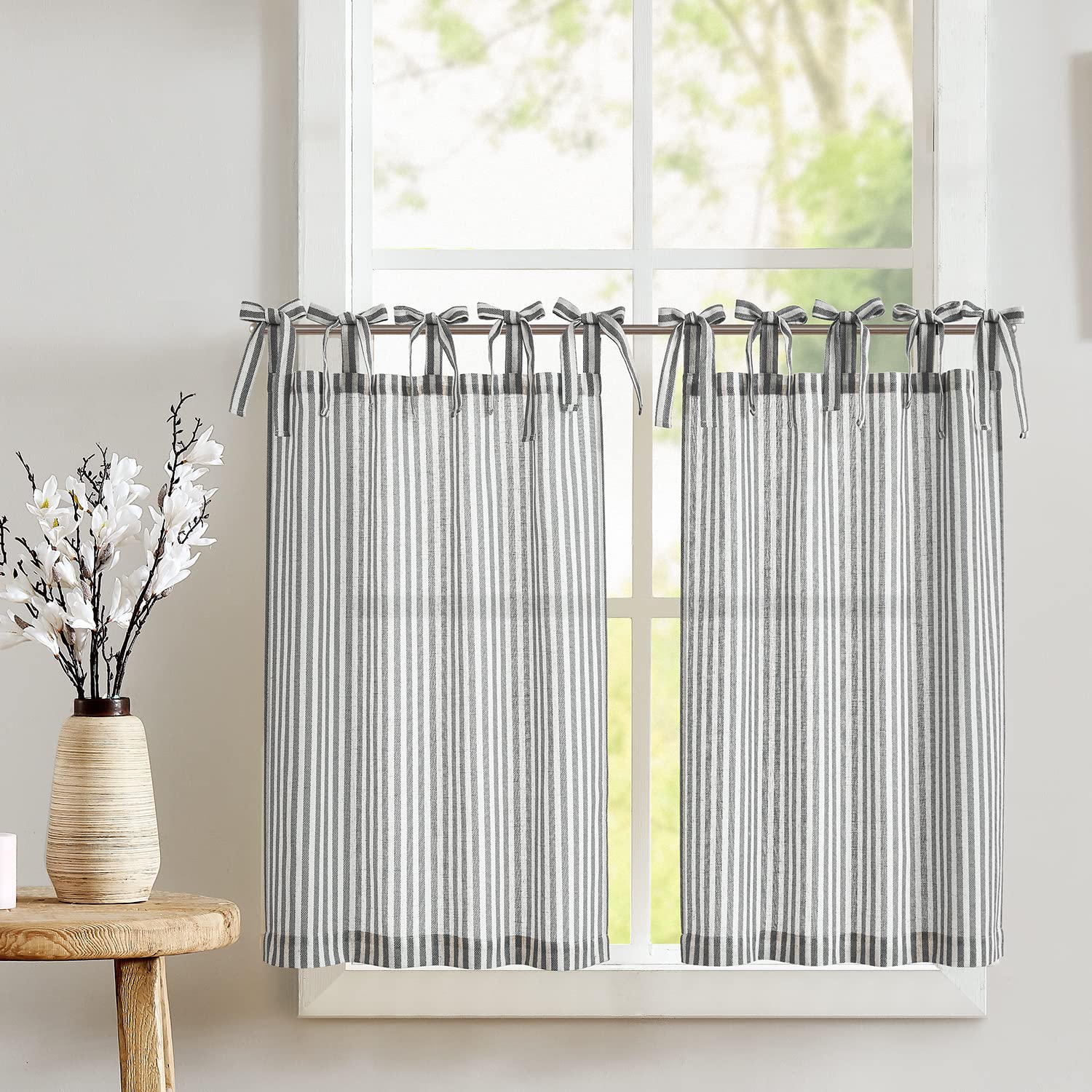 Photo 1 of jinchan Tie Top Linen Kitchen Curtains 24 Inch Length Striped Tier Curtains Ticking Stripe Small Drapes for Living Room Bathroom Cafe Small Window Farmhouse Rustic Rod Pocket 2 Panels Black
