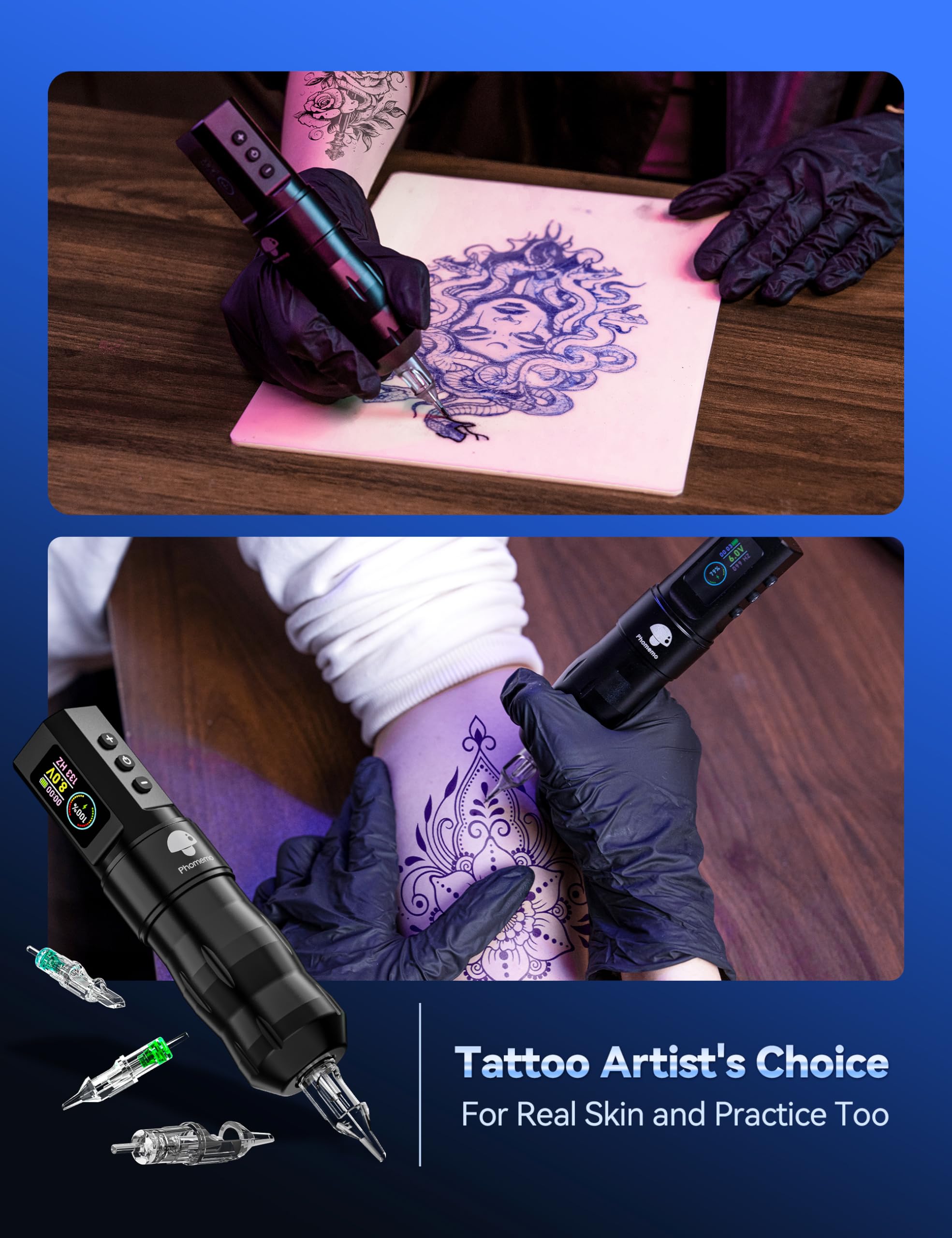 Phomemo Tattoo Gun Kit, Wireless Tattoo machine Kit for Beginners Complete Set, Tattoo Pen with 20 Tattoo Cartridge Needles, Tattoo Practice Kit with 1 Batteries