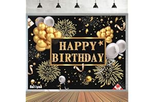 Saliyaa 7x5ft Happy Birthday Backdrop Banner, Birthday Party Decor,Black Gold Poster Photo Booth Backdrop Background Banner for Men Women 30th 40th 50th 60th 70th 80th Bday Party Supplies