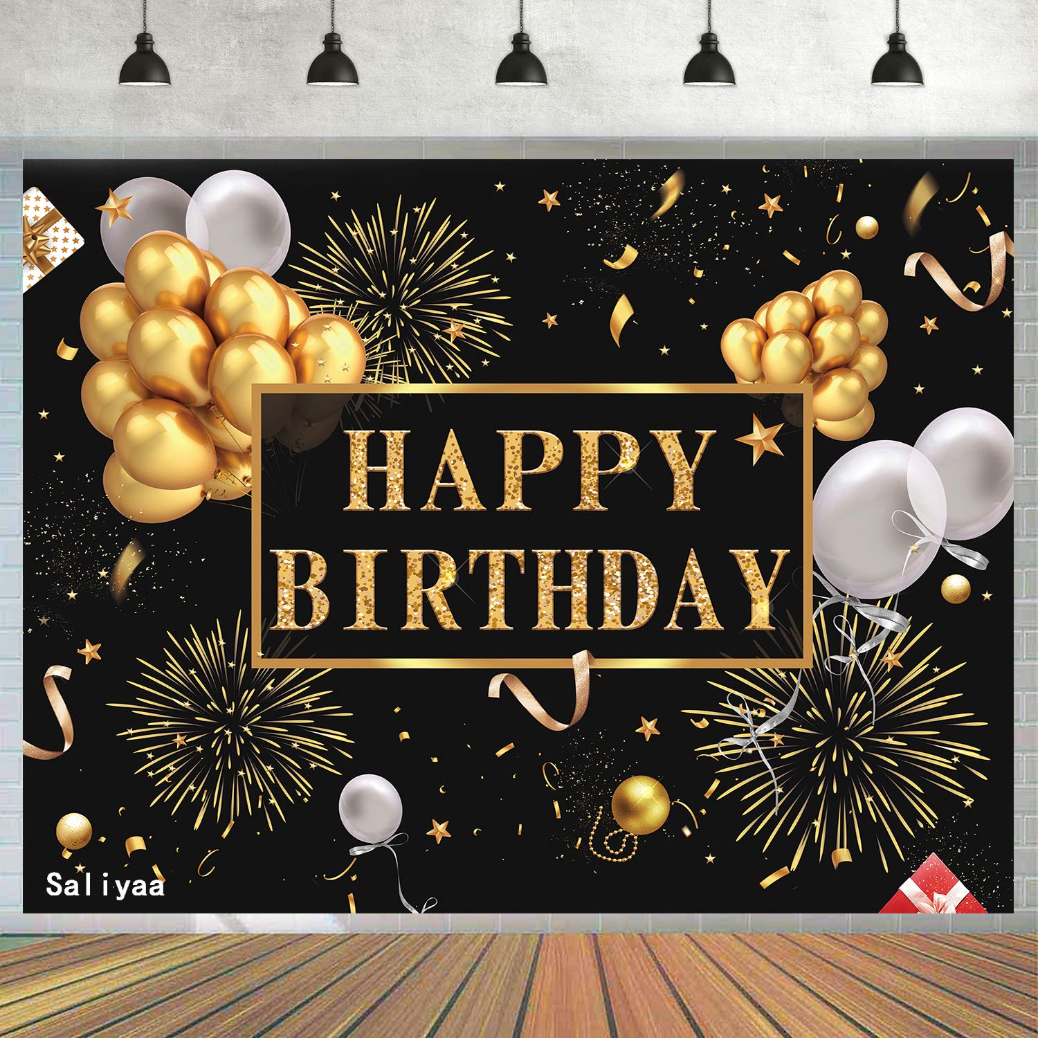 Photo 1 of Saliyaa 7x5ft Happy Birthday Backdrop Banner, Birthday Party Decor,Black Gold Poster Photo Booth Backdrop Background Banner for Men Women 30th 40th 50th 60th 70th 80th Bday Party Supplies