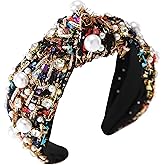 Gmmidea Pearl Rhinestone Tweed Headband for Women Sparkle Luxury Plaid Knotted Headband Wide Vintage Ladies Embellished Hairband Fashion Holiday Hair Accessories for Girls Black Rainbow