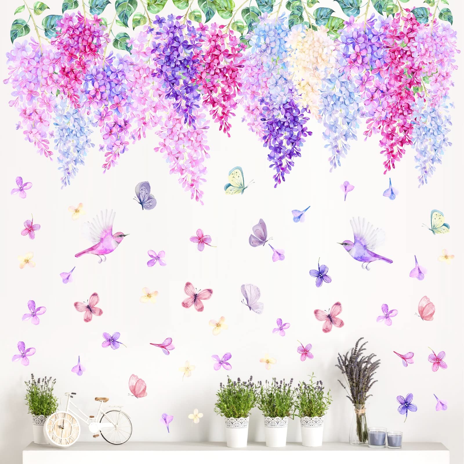 Hanging Flower Wall Decals Watercolor Flower Vine Stickers Peel and Stick Removable Purple Pink Floral Wall Stickers for Girls Bedroom Nursery Living Room Decor — image 1