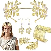 Vegolita 5Pcs Greek Goddess Costume Accessories for Women Golden Laurel Leaf Crown Headband Leaf Pearl Dangle Earring Upper Arm Cuff Wide Wire Bracelet for Halloween Bridal Wedding