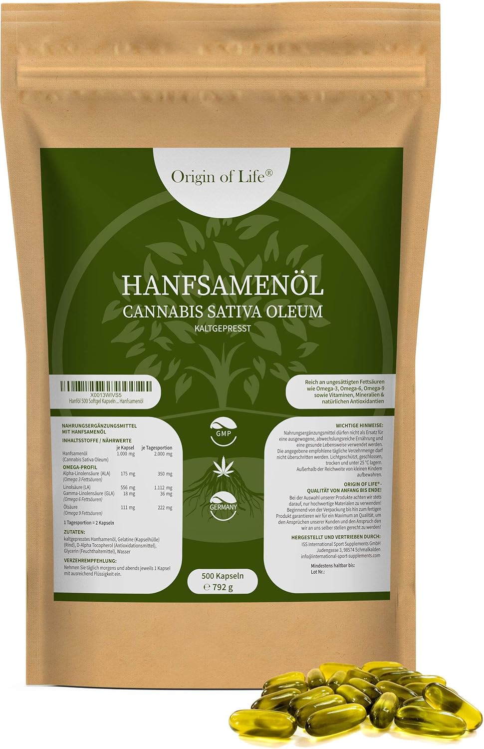 Origin of Life: Hanföl 500 Kapseln a 1000 mg +Omega Made in Germany  1