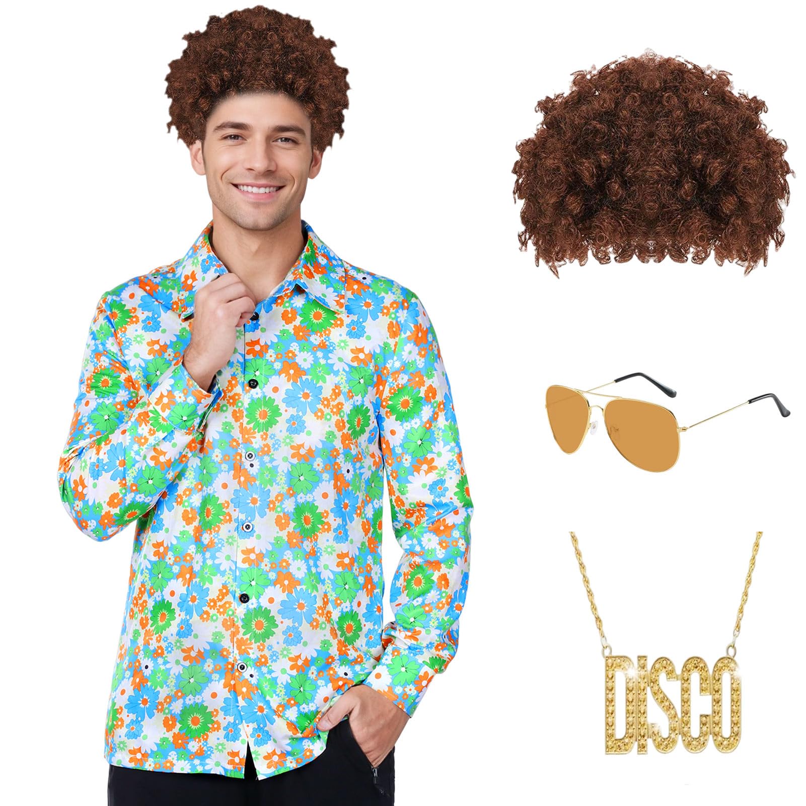 Harsever 4 Pcs Men 70s Disco Costume Set,Long Sleeve Casual Button Shirts, wig, glasses, gold chain, for 70s Disco Party for Prom Party Dress Up (S)
