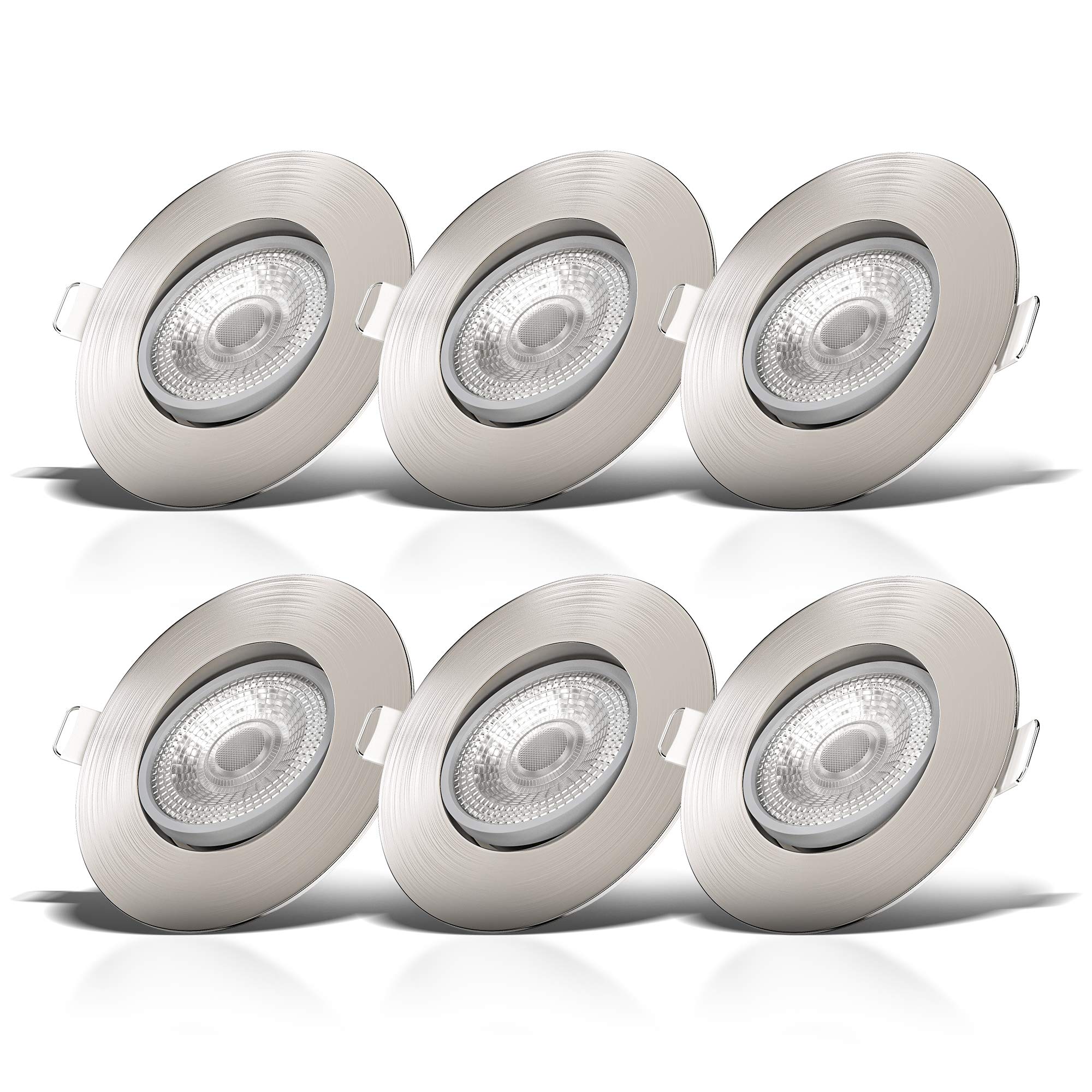 B.K.Licht - Set 6X LED Recessed Downlights 230V Adjustable, Dimmable, Downlight, Ceiling Spotlight, LED Lights, Spotlight, Recessed Spotlights, 68mm Cutout, 90X24 mm, Nickel Matt Colour