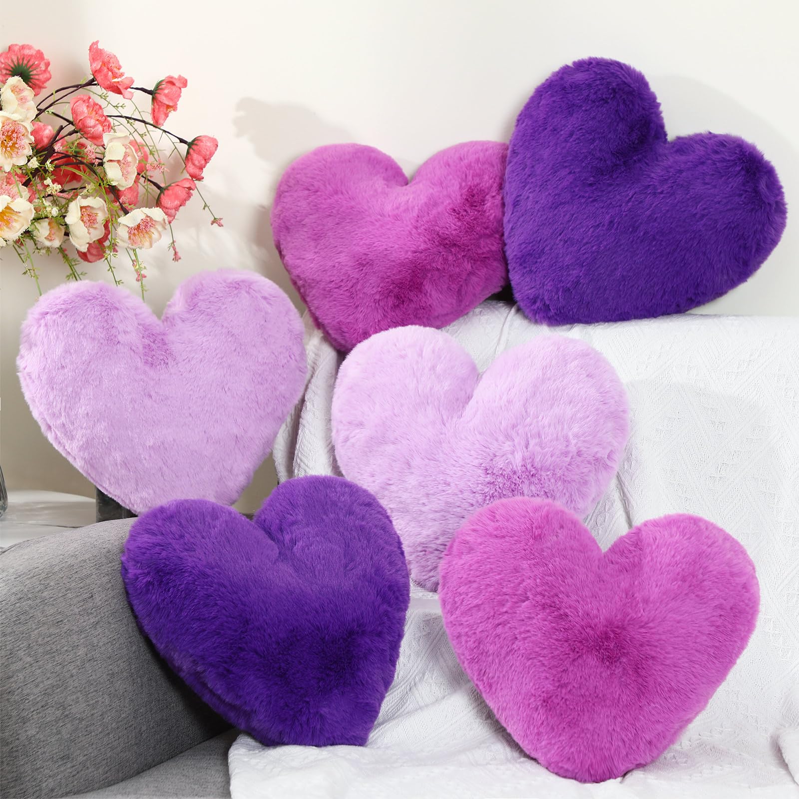 Photo 1 of Liliful 6 Pcs Faux Rabbit Fur Heart Pillows Helloween Fluffy Heart Throw Pillows Christmas Cute Couch Cushion Soft Decorative Throw Cushion for Bed Sofa Girls Women(12 x 11 Inch,Purple Color)