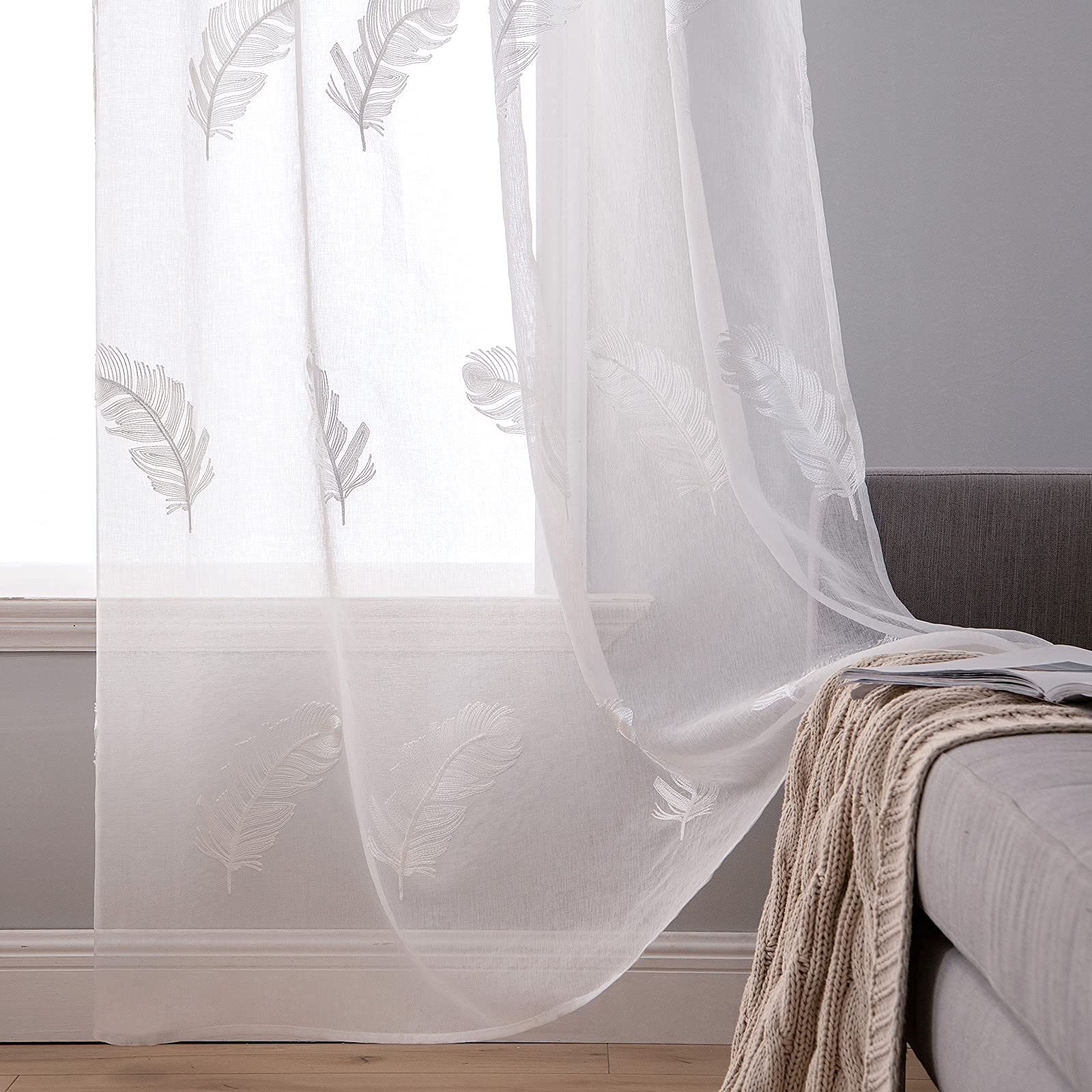 MIULEE 2 Panels Embroidered Sheer Window Feather Design Grommet Curtains Window Voile Panels/Drape/Treatment for Bedroom Living Room Feather White 55" Wx102 L