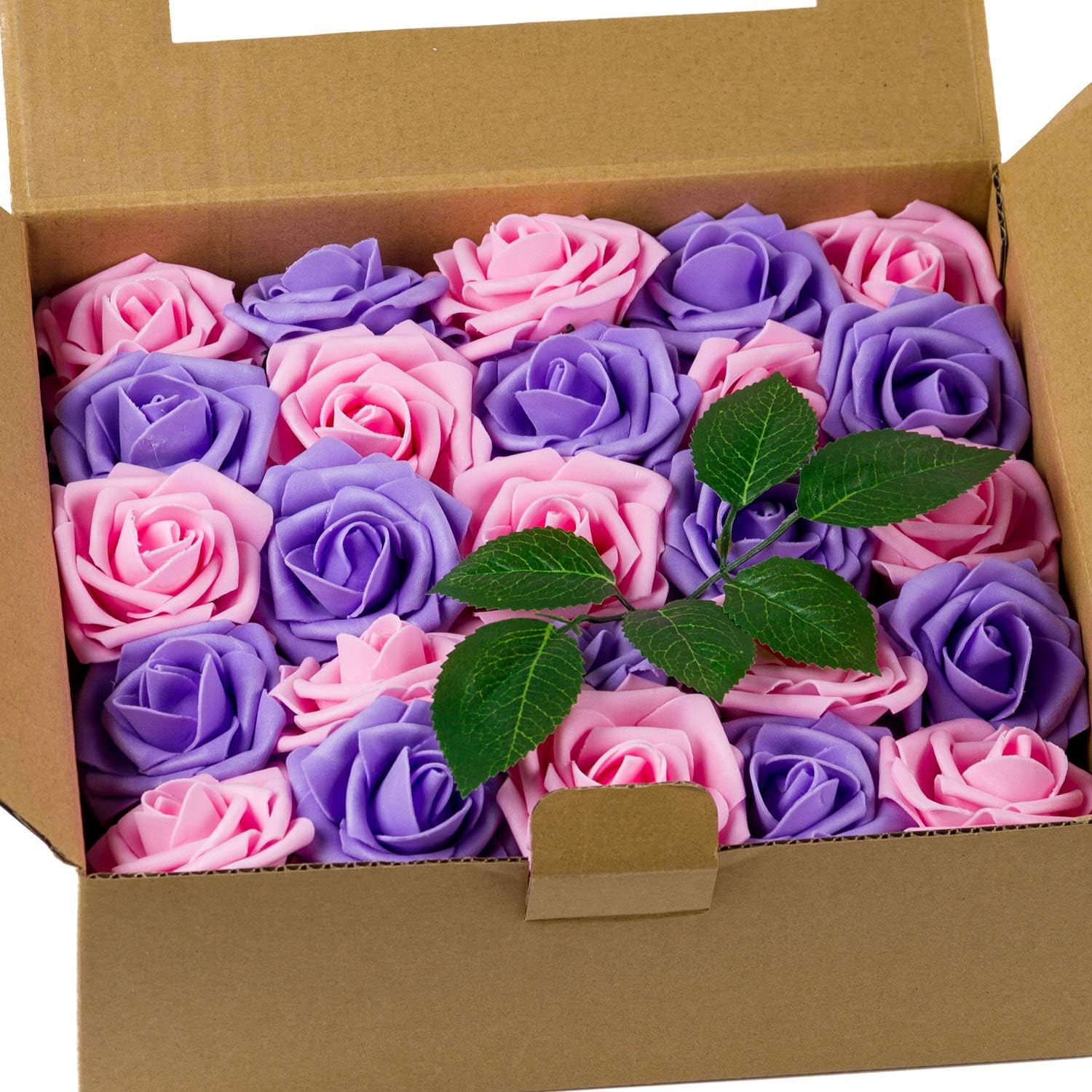 Loveinside Artificial Flowers Puple Pink Rose 50pcs Real Looking Fake Roses for DIY Wedding Bouquets Centerpieces Corsage Baby Shower Party Home Decorations