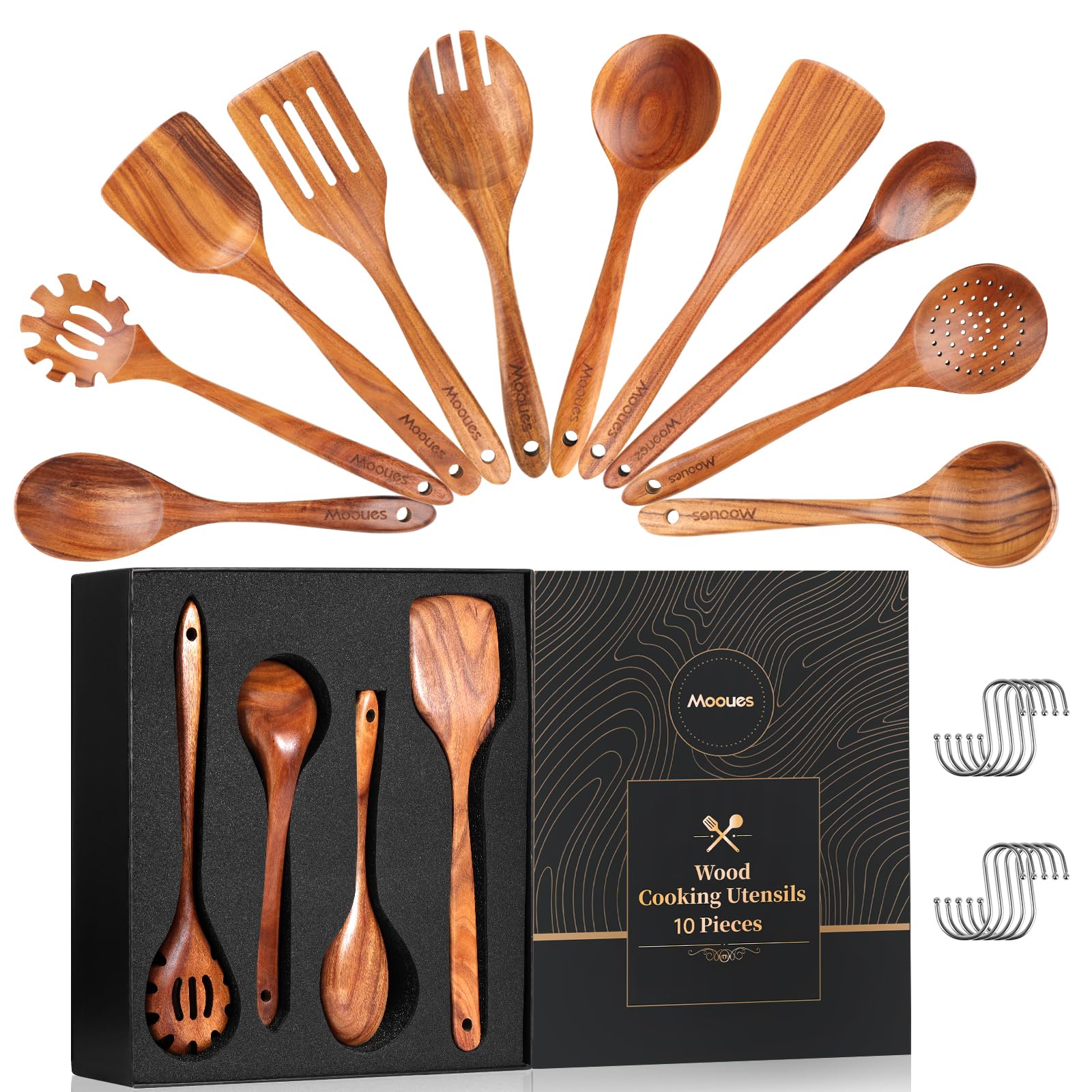 Wooden Spoons for Cooking, 10 PCS Teak Wood Cookware Utensil Set with Hooks - Smooth Finish, Non-Stick, Comfortable Grip, Heat Resistant Kitchen Utensils Gift Box Image