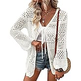 Women's Crochet Cardigan Light Weight Long Sleeve Tie Front Hollow Out Thin Cardigan