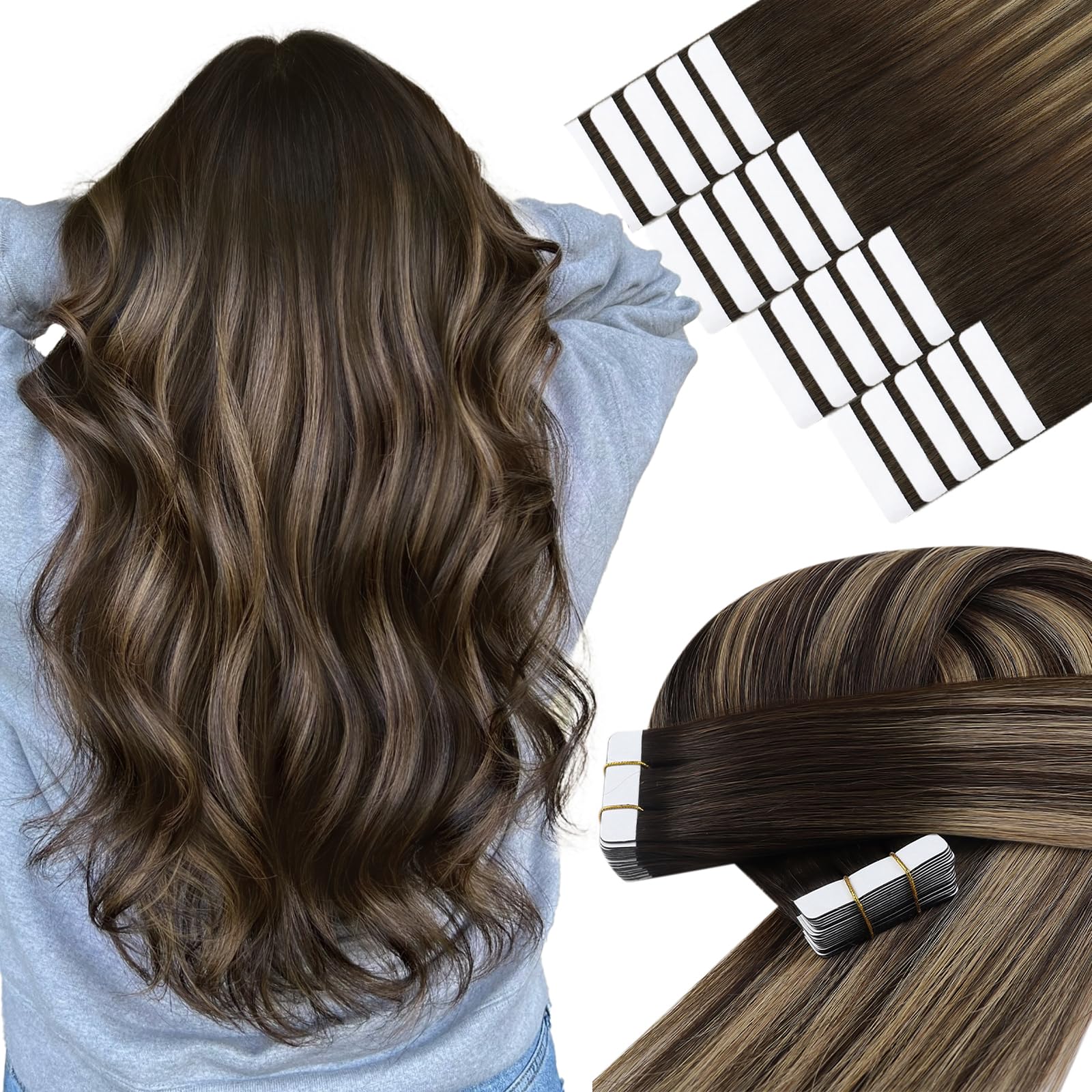 YoungSee Tape in Hair Extensions Balayage Brown Seamless Tape ins Human Hair Extensions Ombre Dark Brown to Blonde Lightweight Hair 12Inch 20pcs 30g